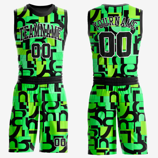 Custom Neon Green Black-White Music Festival Round Neck Sublimation Basketball Uniform Jersey