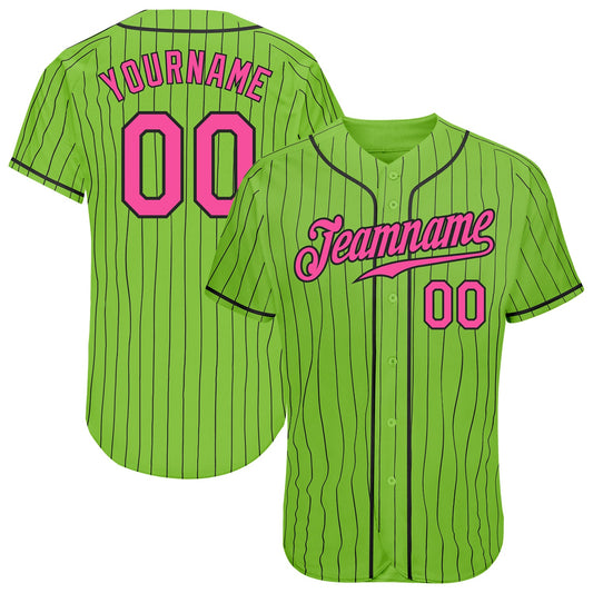 Custom Neon Green Black Pinstripe Pink-Black Authentic Baseball Jersey