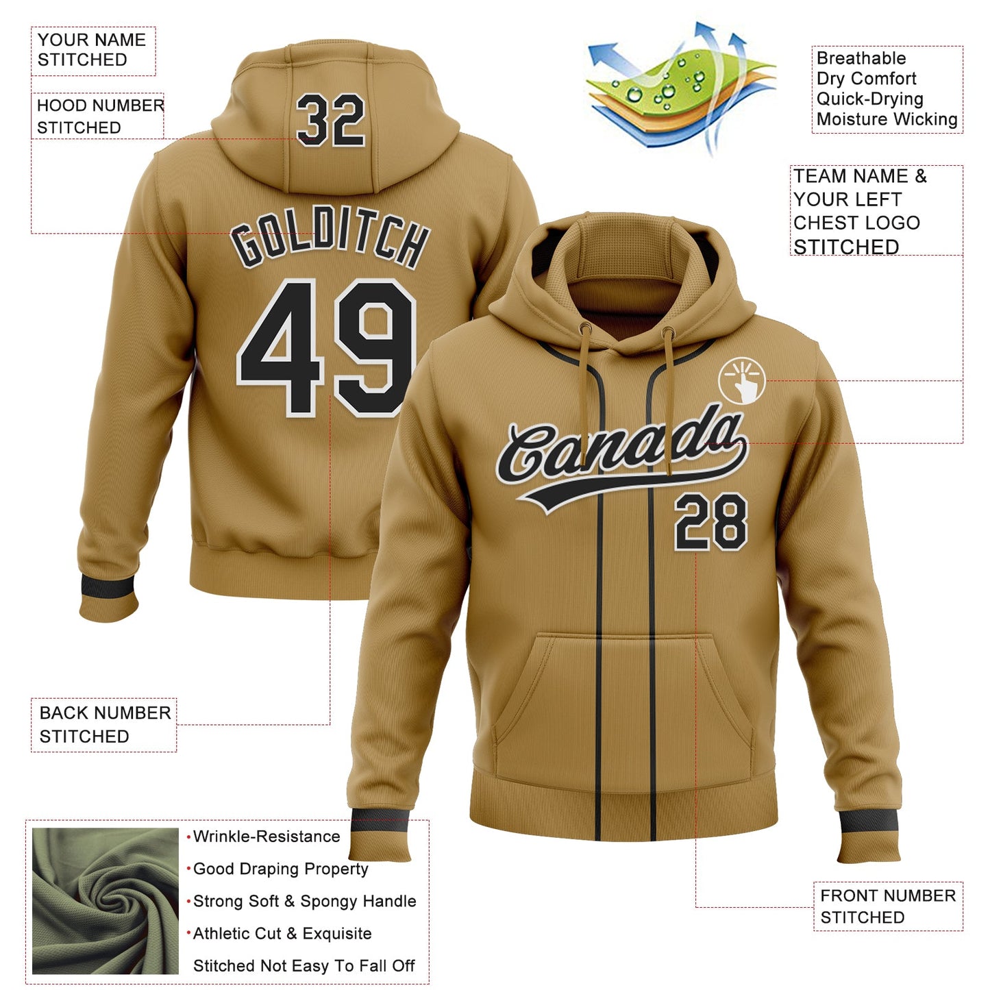 Custom Stitched Old Gold Black-White Baseball Pullover Sweatshirt Hoodie