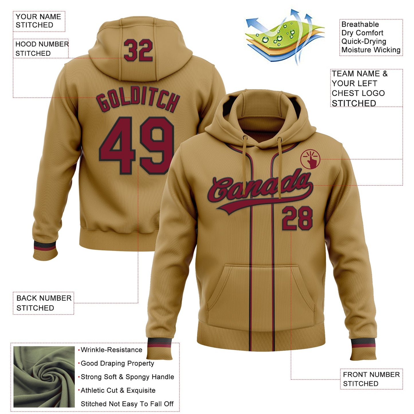 Custom Stitched Old Gold Crimson-Black Baseball Pullover Sweatshirt Hoodie