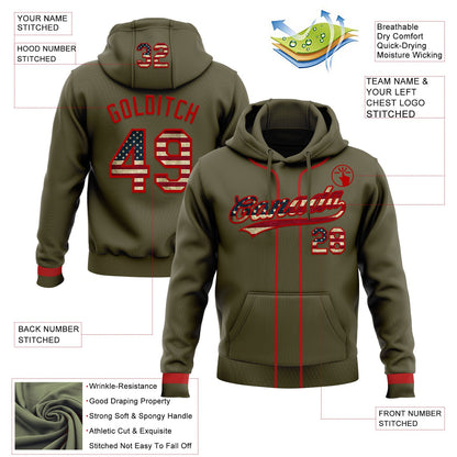 Custom Stitched Olive Vintage USA Flag-Red Baseball Pullover Sweatshirt Hoodie