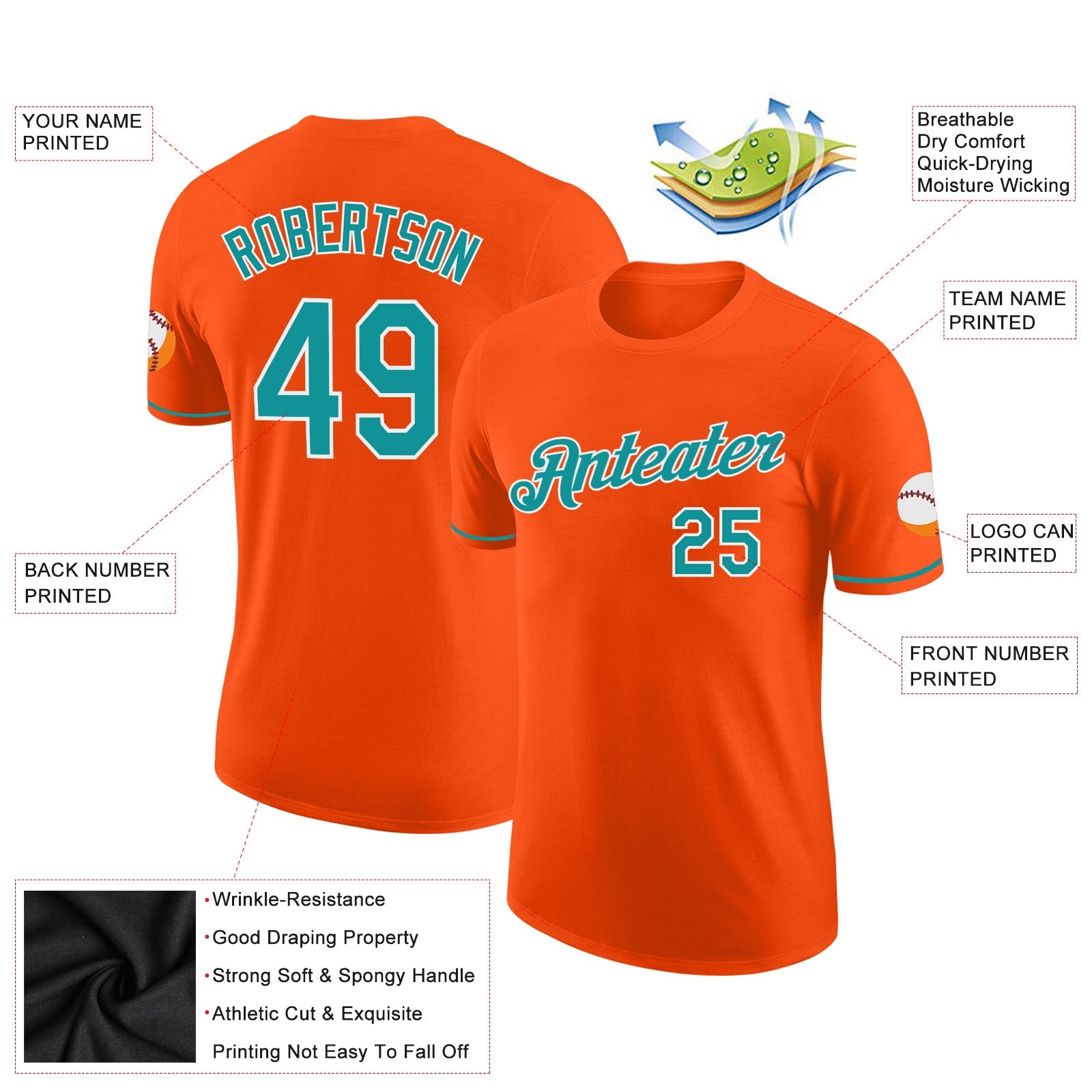 Custom Orange Teal-White Performance T-Shirt