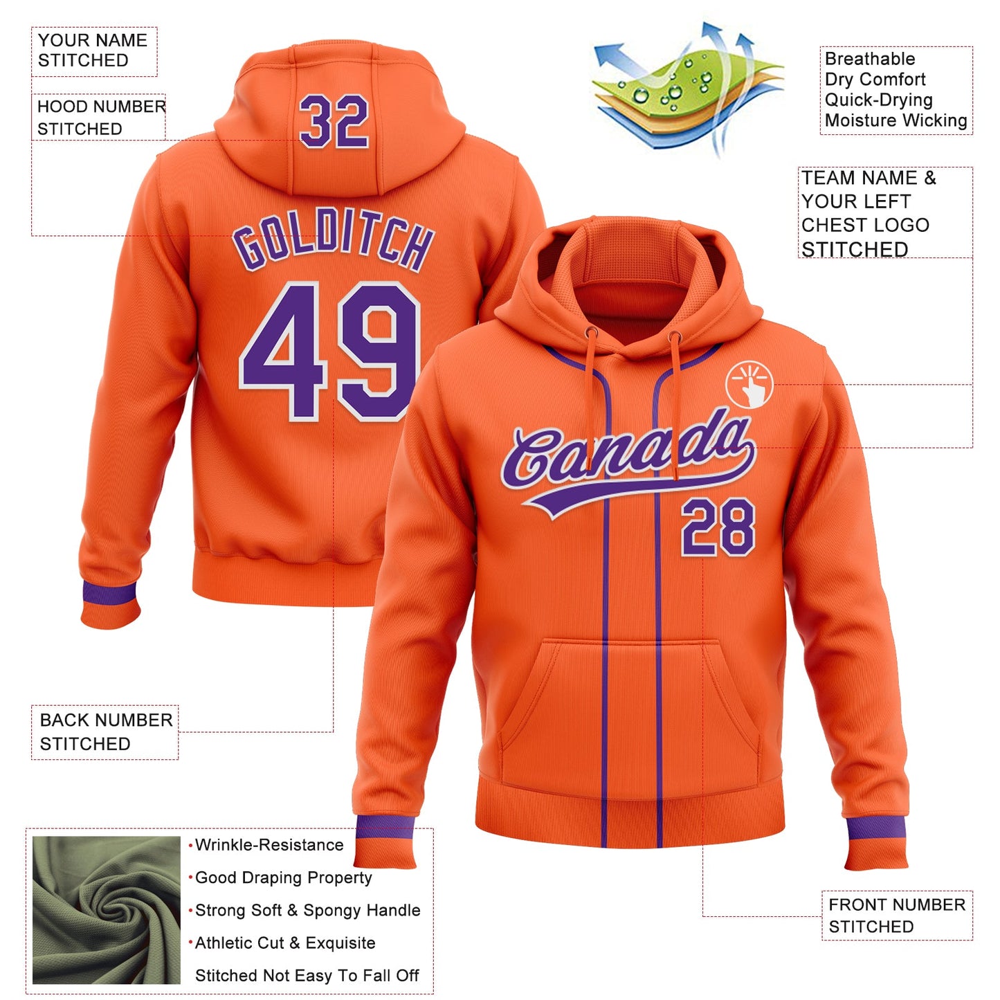 Custom Stitched Orange Purple-White Baseball Pullover Sweatshirt Hoodie