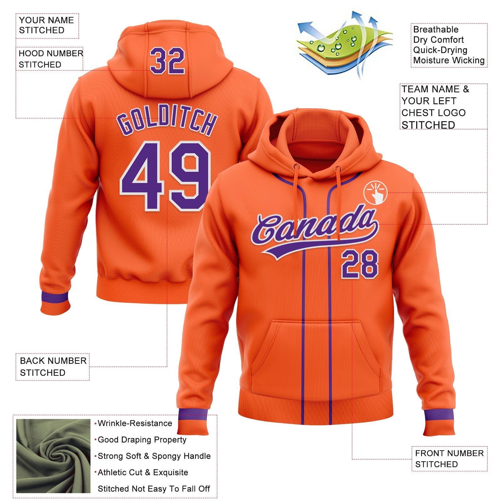 Custom Stitched Orange Purple-White Baseball Pullover Sweatshirt Hoodie