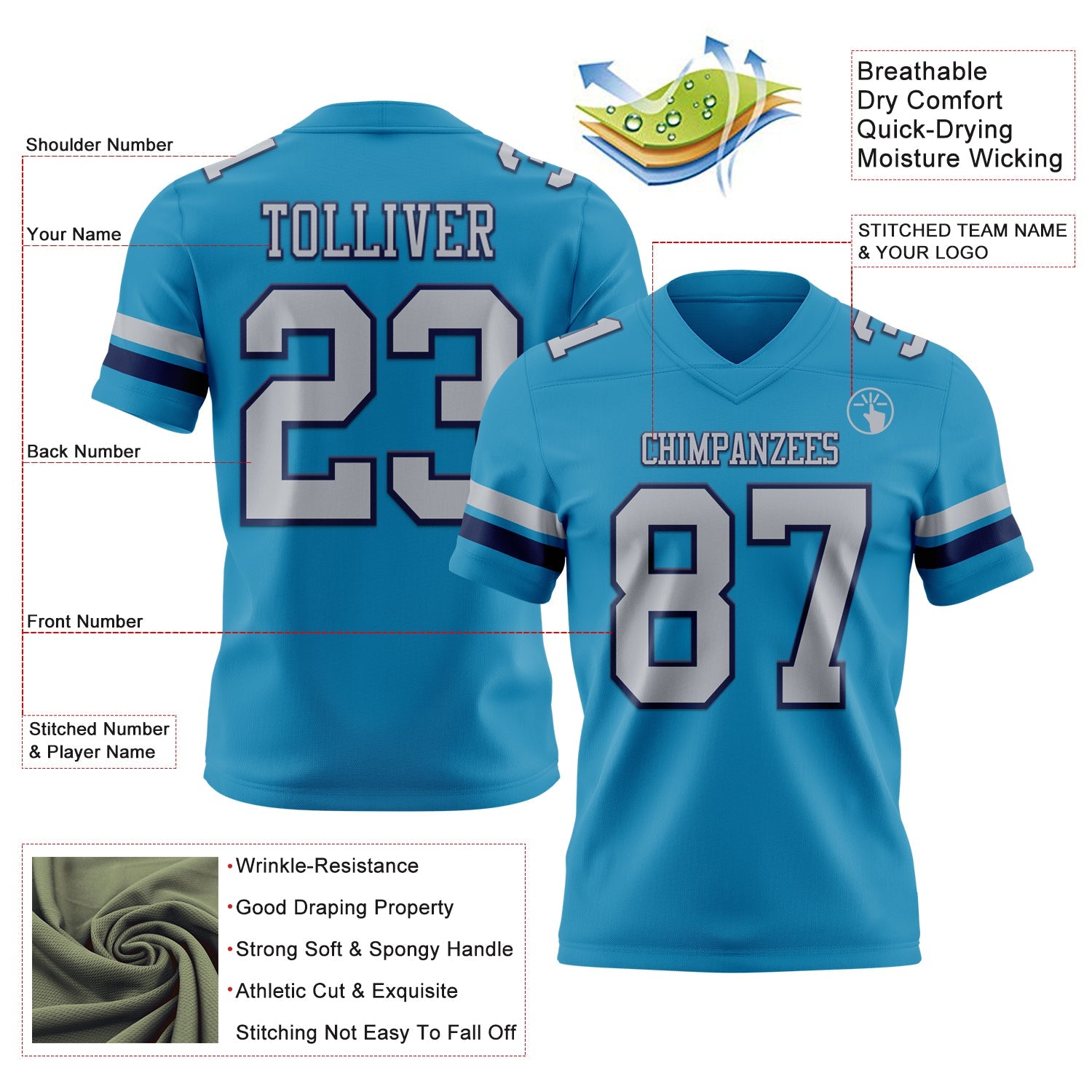 Custom Panther Blue Gray-Navy Authentic Football Jersey