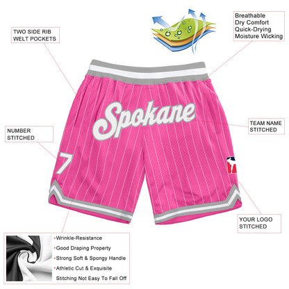 Custom Pink White Pinstripe White-Gray Authentic Basketball Shorts