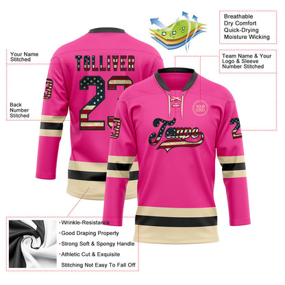 Custom Pink Vintage USA Flag Black-Cream Hockey Lace Neck Jersey