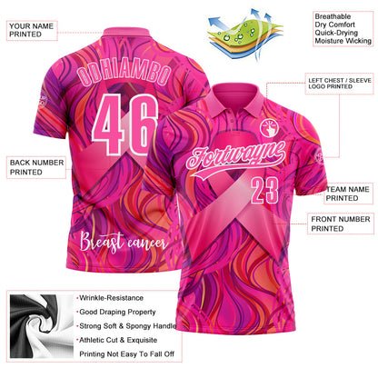 Custom Pink White 3D Pink Ribbon Breast Cancer Awareness Month Women Health Care Support Performance Polo Shirt