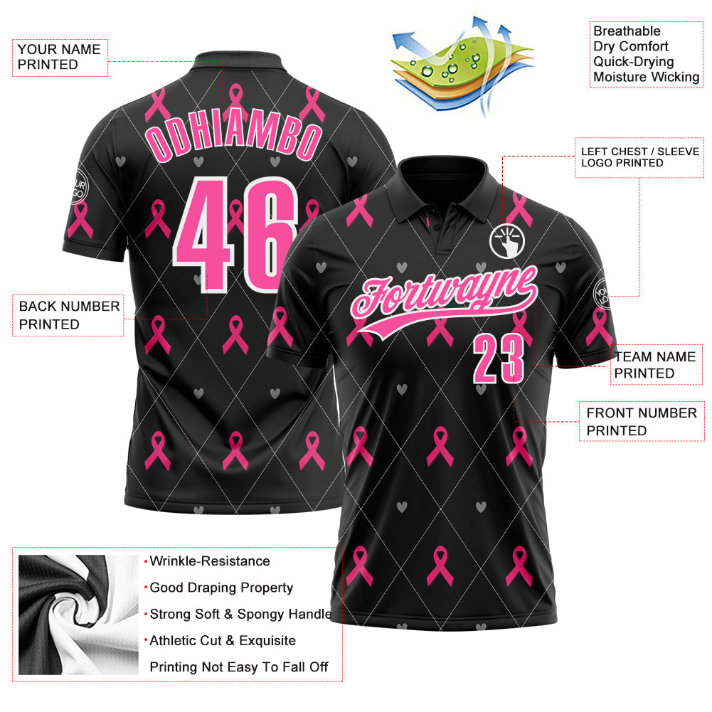 Custom Black Pink-White 3D Pink Ribbon Breast Cancer Awareness Month Women Health Care Support Performance Polo Shirt
