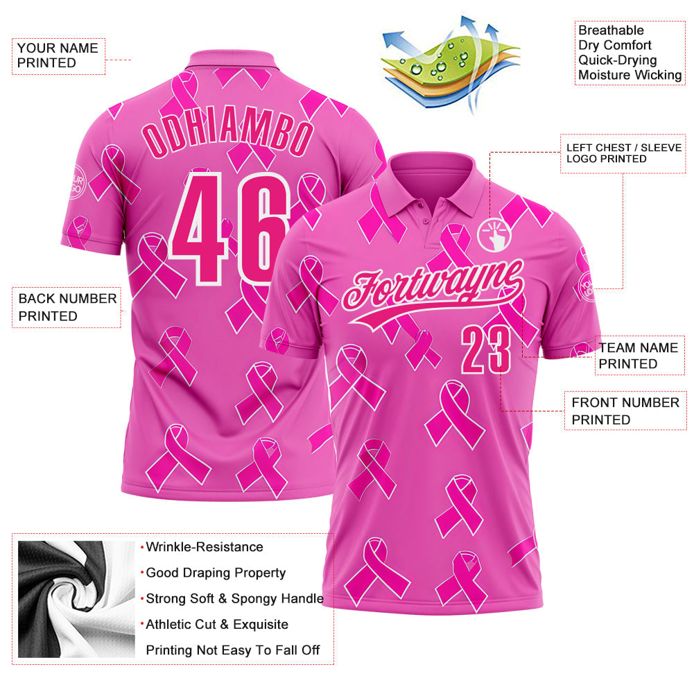 Custom Pink Hot Pink-White 3D Pink Ribbon Breast Cancer Awareness Month Women Health Care Support Performance Polo Shirt