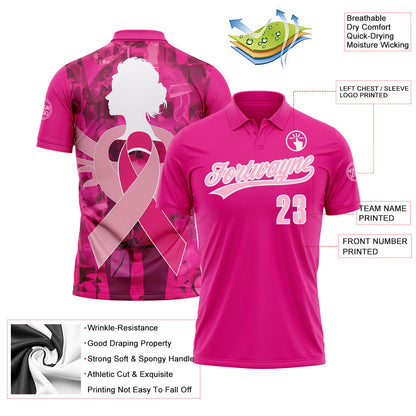 Custom Pink Light Pink-White 3D Pink Ribbon Breast Cancer Awareness Month Women Health Care Support Performance Polo Shirt