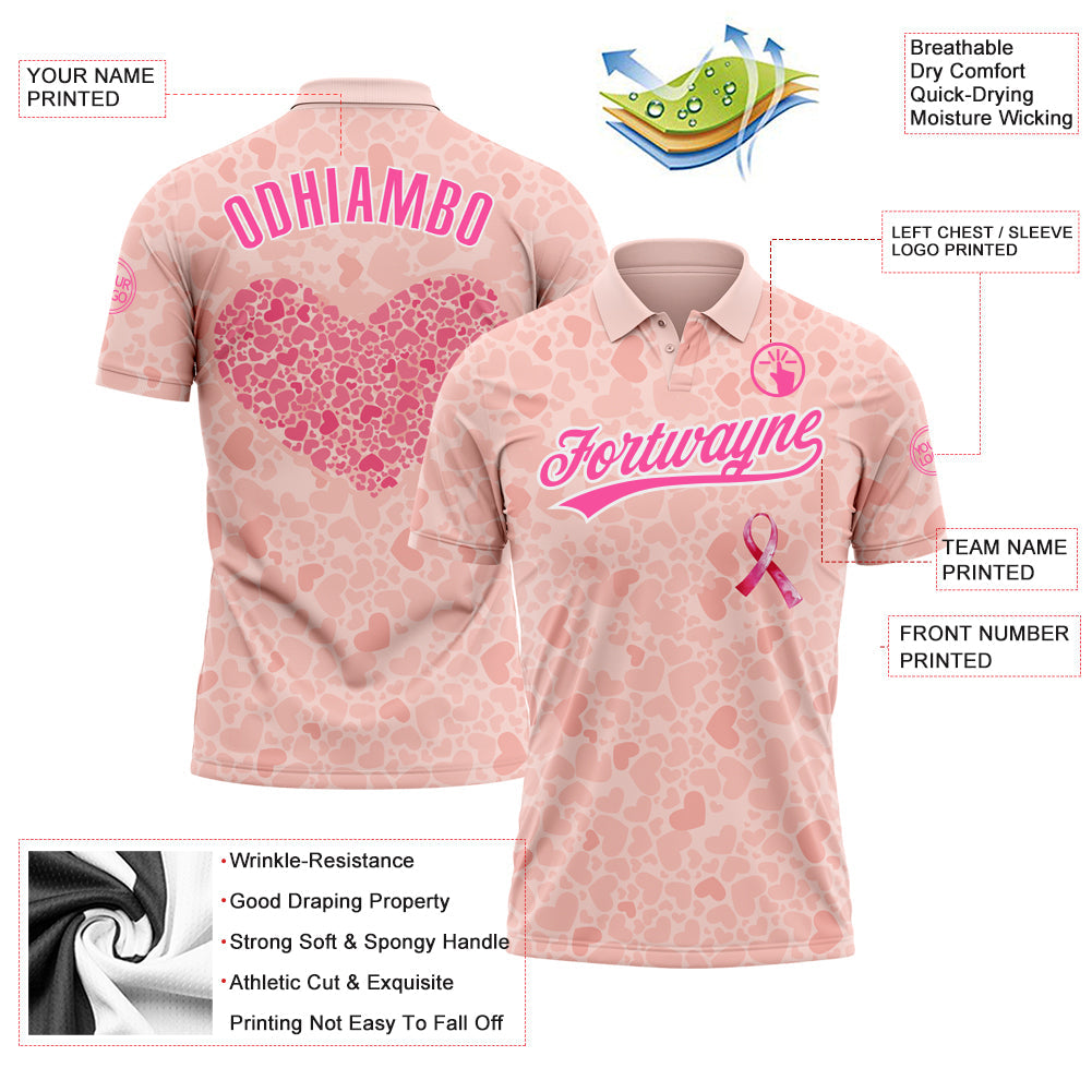 Custom Medium Pink Pink-White 3D Pink Ribbon Breast Cancer Awareness Month Women Health Care Support Performance Polo Shirt