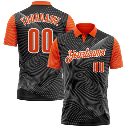 Custom Black Orange-White 3D Bowling Line Performance Polo Shirt