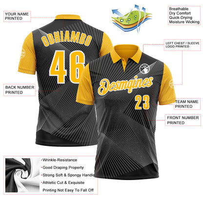 Custom Black Gold-White 3D Bowling Line Performance Polo Shirt