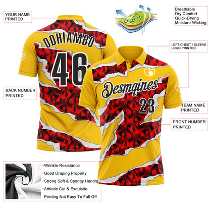 Custom Yellow Black-Red 3D Bowling Torn Paper Style Performance Polo Shirt