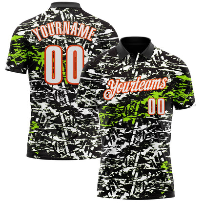Custom Black Neon Green-Orange 3D Bowling Abstract Grunge Art Performance Polo Shirt