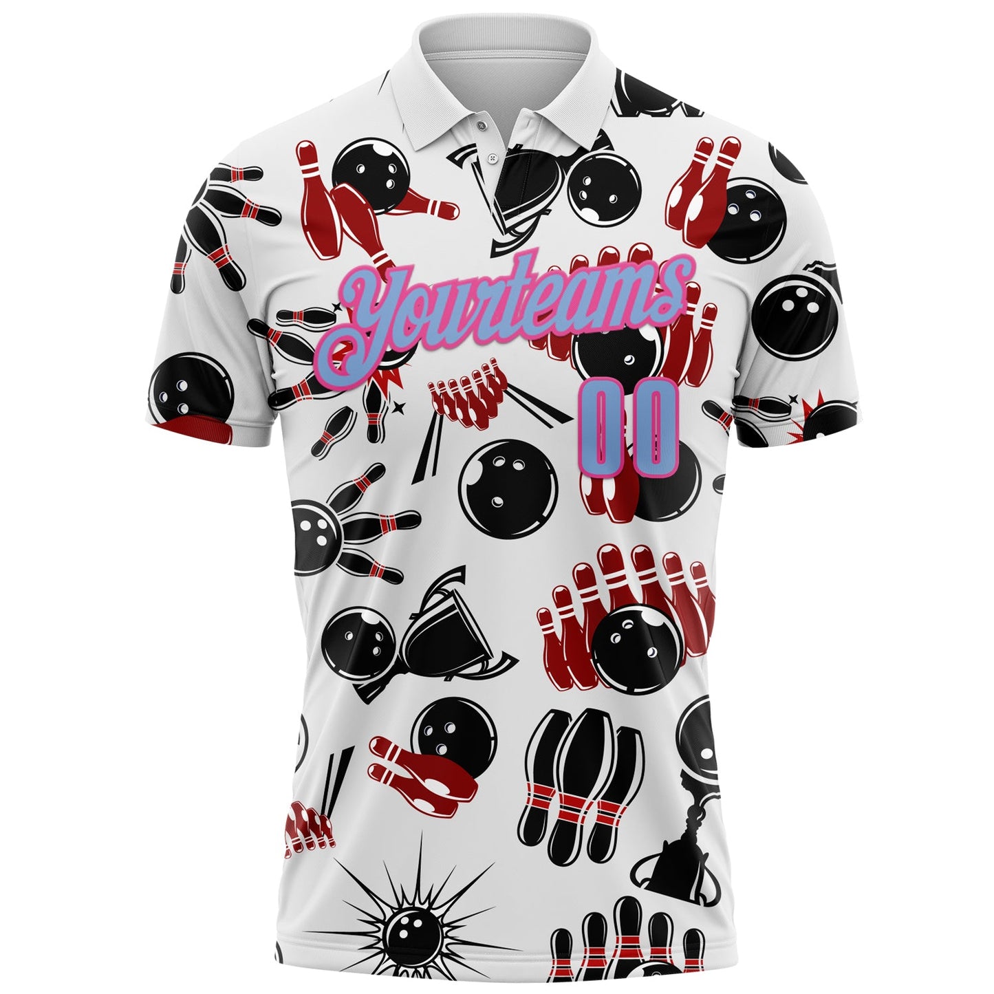 Custom White Light Blue-Pink 3D Bowling Performance Polo Shirt