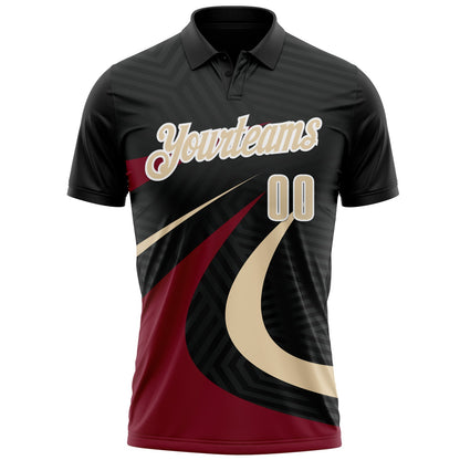 Custom Black Cream-Crimson 3D Bowling Geometric Shape Performance Polo Shirt