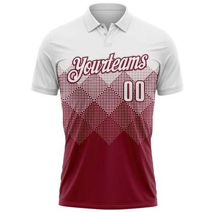 Custom White Crimson 3D Pattern Design Gradient Square Shape Performance Polo Shirt