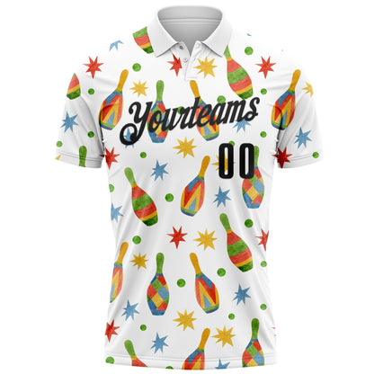 Custom White Black 3D Bowling Watercolor Performance Polo Shirt