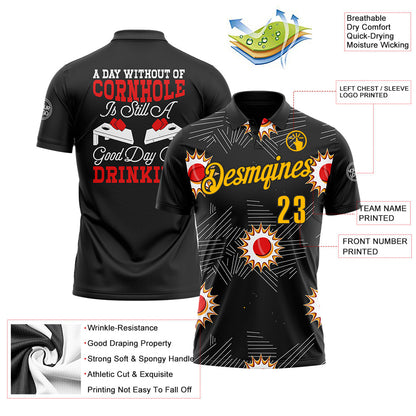Custom Black Gold-Red 3D Cornhole Performance Polo Shirt