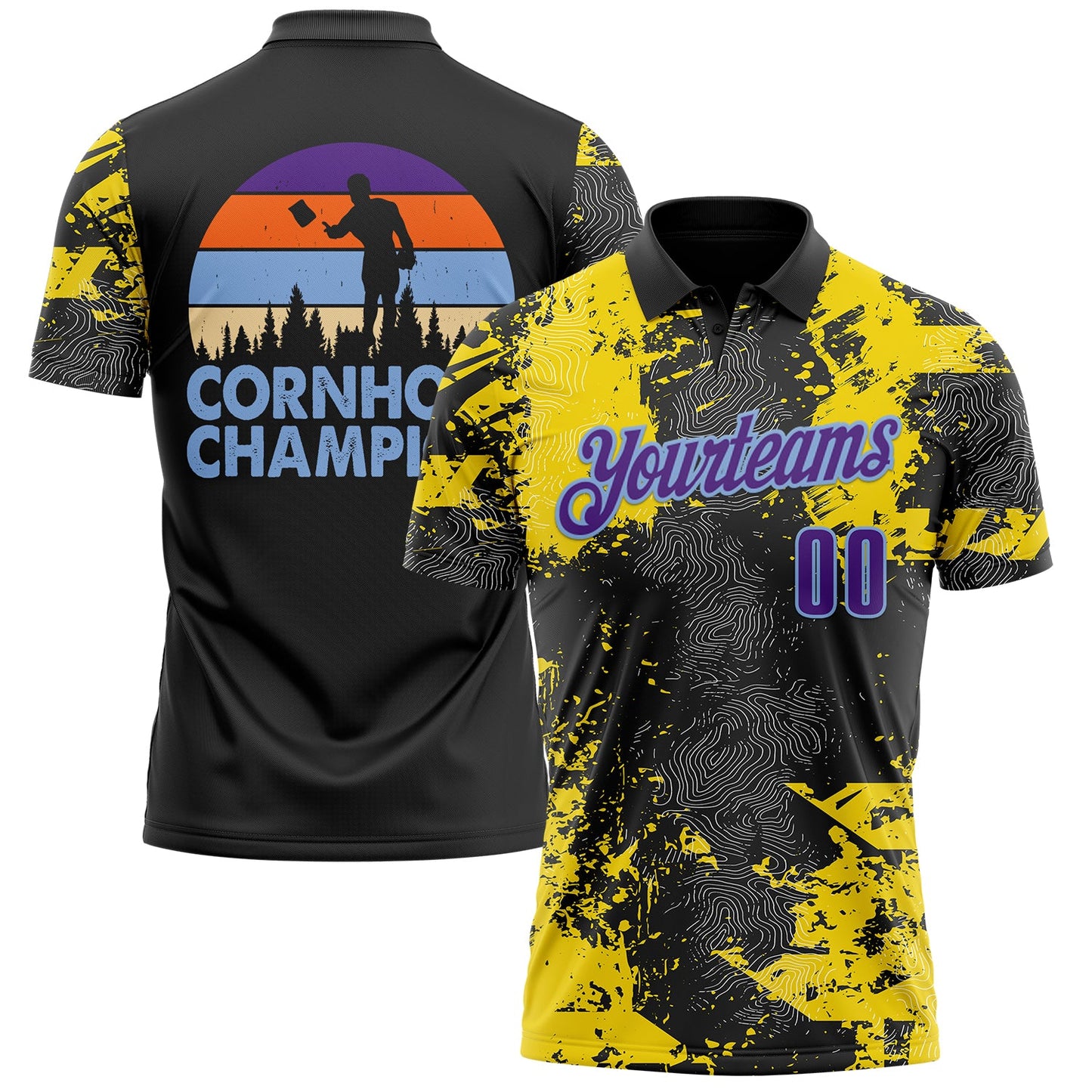 Custom Black Purple-Light Blue 3D Cornhole Splash Performance Polo Shirt