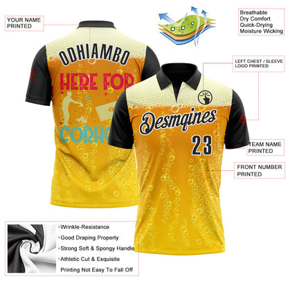 Custom Yellow Black-White 3D Cornhole Beer Performance Polo Shirt