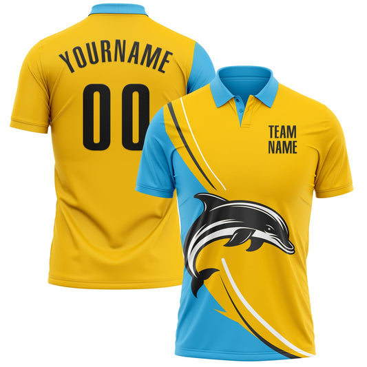 Custom Yellow Black-Sky Blue 3D Pattern Design Animal Dolphin Performance Polo Shirt