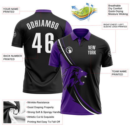 Custom Black White-Purple 3D Pattern Design Animal Lion Performance Polo Shirt