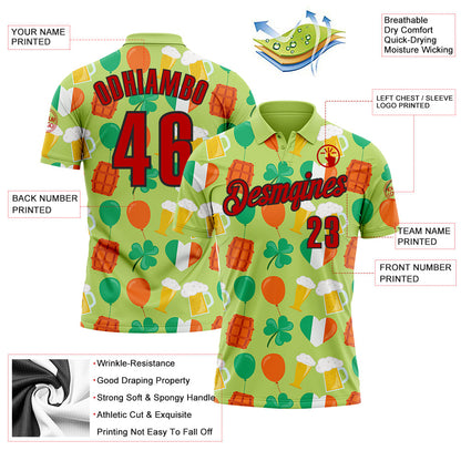 Custom Green Red-Black 3D St. Patrick's Day Shamrock Beer Performance Polo Shirt