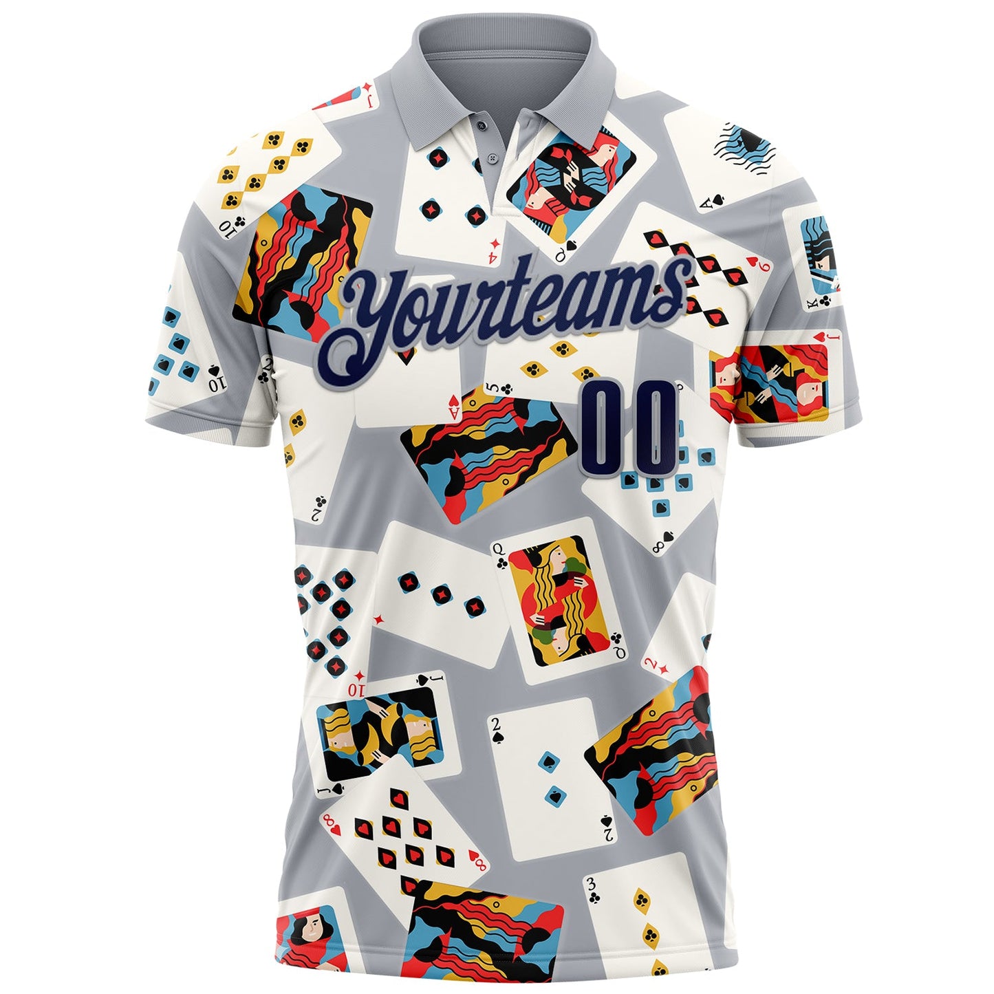 Custom Gray Navy 3D Gambling Poker Performance Polo Shirt
