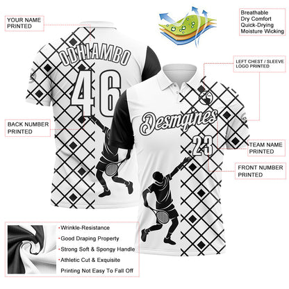 Custom White Black 3D Tennis Performance Polo Shirt
