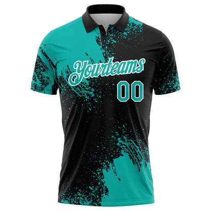Custom Aqua Black-White 3D Pattern Design Abstract Brush Stroke Performance Polo Shirt