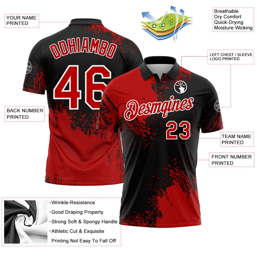Custom Red Black-White 3D Pattern Design Abstract Brush Stroke Performance Polo Shirt