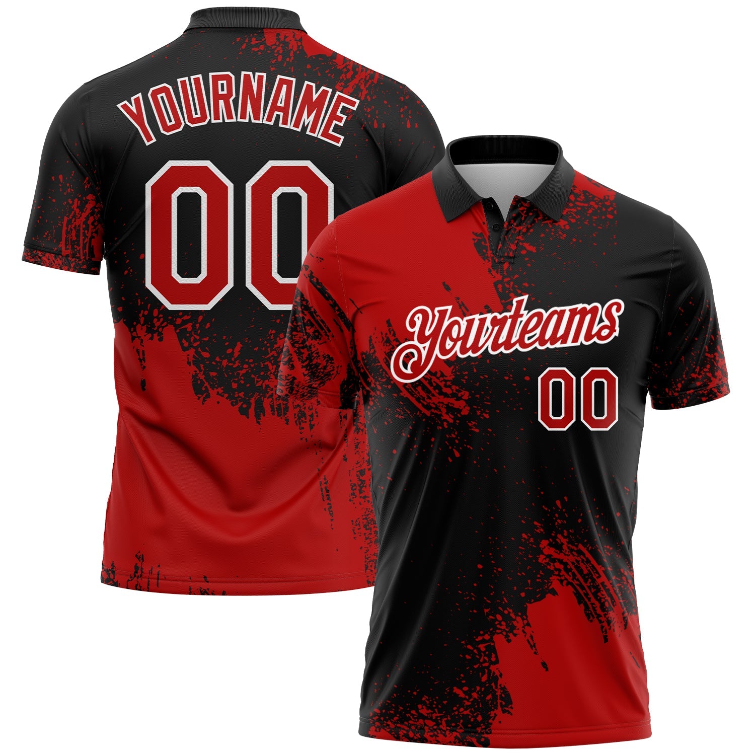 Custom Red Black-White 3D Pattern Design Abstract Brush Stroke Performance Polo Shirt