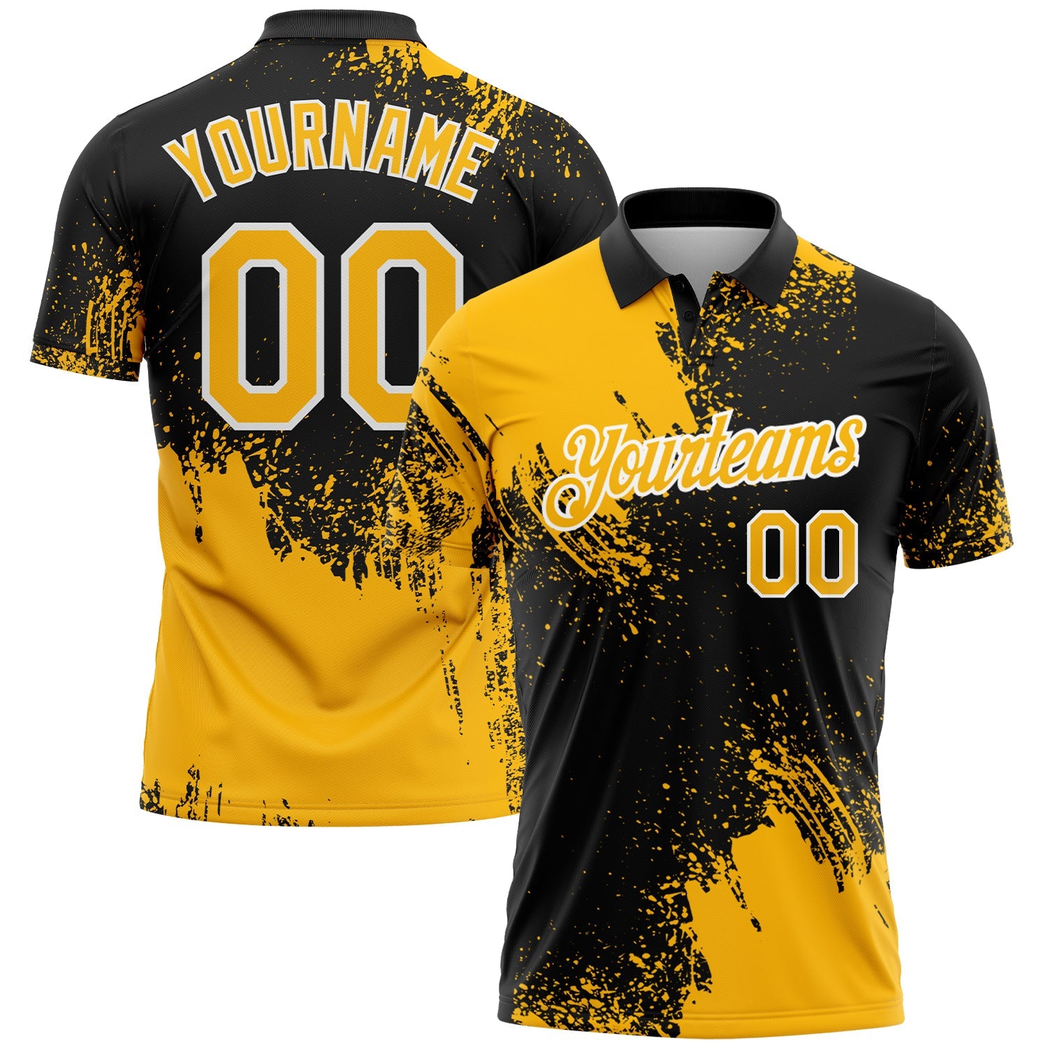 Custom Gold Black-White 3D Pattern Design Abstract Brush Stroke Performance Polo Shirt