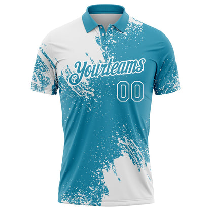 Custom White Panther Blue 3D Pattern Design Abstract Brush Stroke Performance Polo Shirt