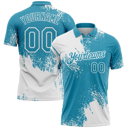 Custom White Panther Blue 3D Pattern Design Abstract Brush Stroke Performance Polo Shirt