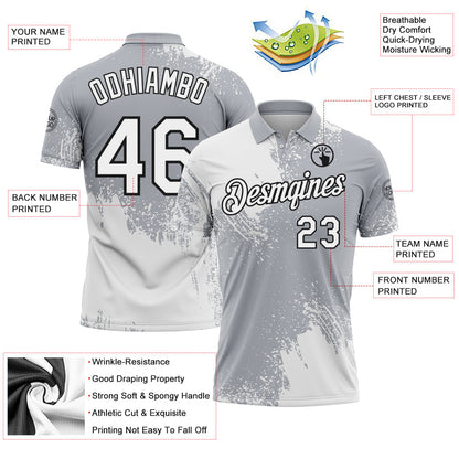 Custom White Gray-Black 3D Pattern Design Abstract Brush Stroke Performance Polo Shirt