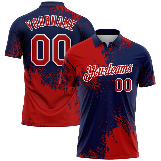 Custom Red Navy-White 3D Pattern Design Abstract Brush Stroke Performance Polo Shirt