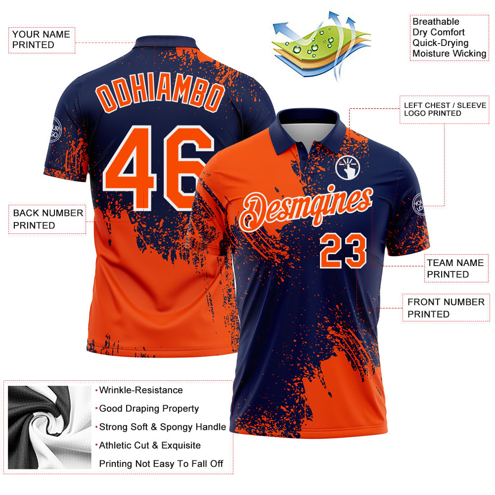 Custom Orange Navy-White 3D Pattern Design Abstract Brush Stroke Performance Polo Shirt