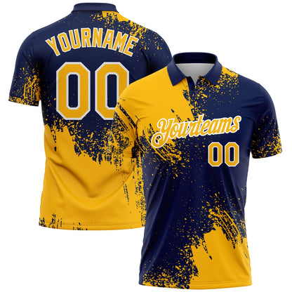 Custom Gold Navy-White 3D Pattern Design Abstract Brush Stroke Performance Polo Shirt