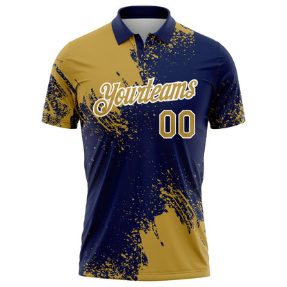 Custom Old Gold Navy-White 3D Pattern Design Abstract Brush Stroke Performance Polo Shirt