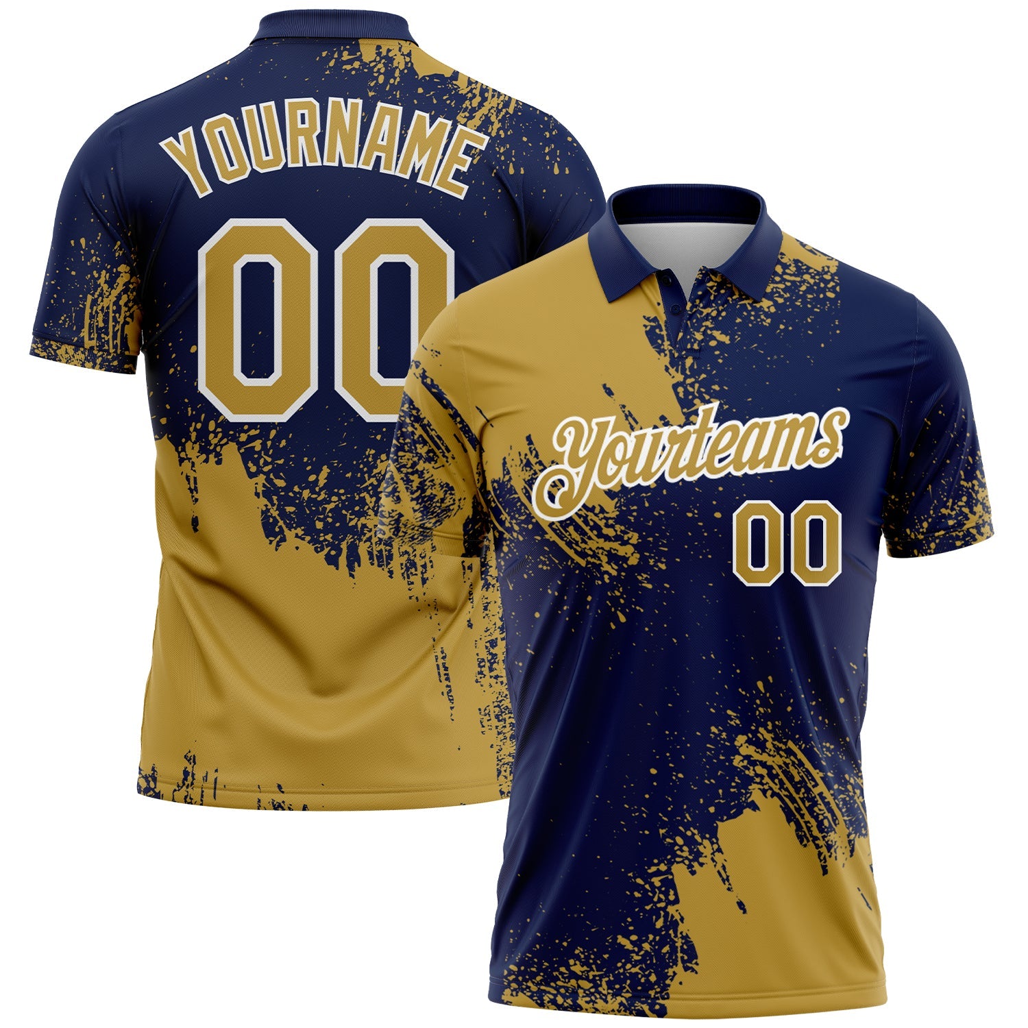 Custom Old Gold Navy-White 3D Pattern Design Abstract Brush Stroke Performance Polo Shirt