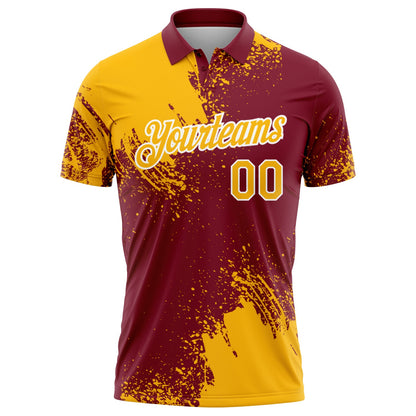 Custom Gold Crimson-White 3D Pattern Design Abstract Brush Stroke Performance Polo Shirt