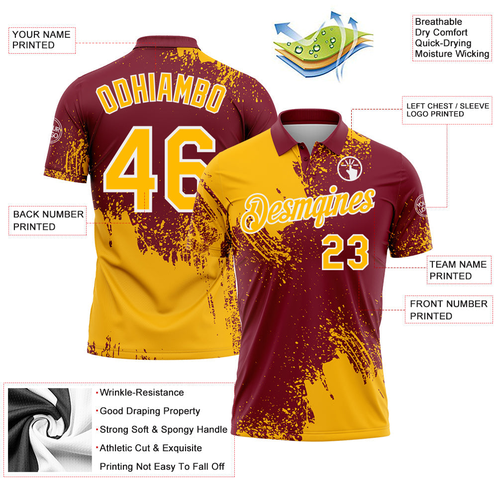 Custom Gold Crimson-White 3D Pattern Design Abstract Brush Stroke Performance Polo Shirt
