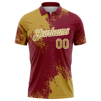 Custom Old Gold Crimson-White 3D Pattern Design Abstract Brush Stroke Performance Polo Shirt