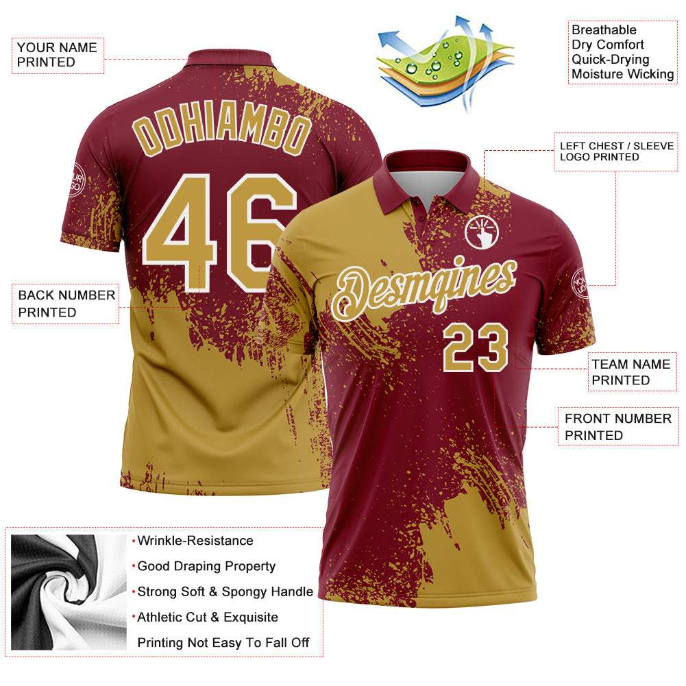 Custom Old Gold Crimson-White 3D Pattern Design Abstract Brush Stroke Performance Polo Shirt