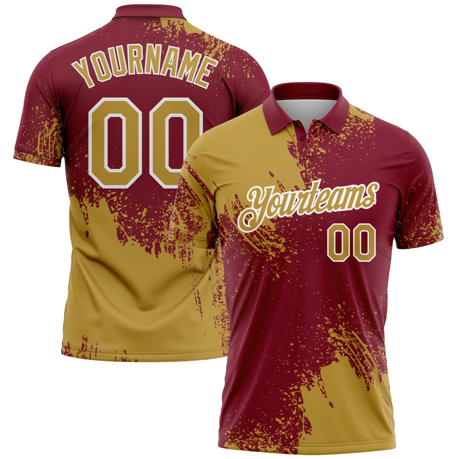 Custom Old Gold Crimson-White 3D Pattern Design Abstract Brush Stroke Performance Polo Shirt
