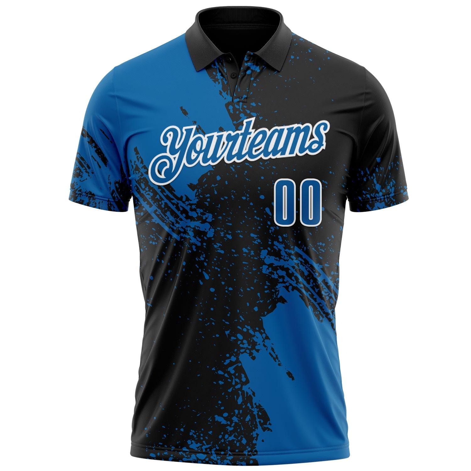 Custom Blue Black-White 3D Pattern Design Abstract Brush Stroke Performance Polo Shirt